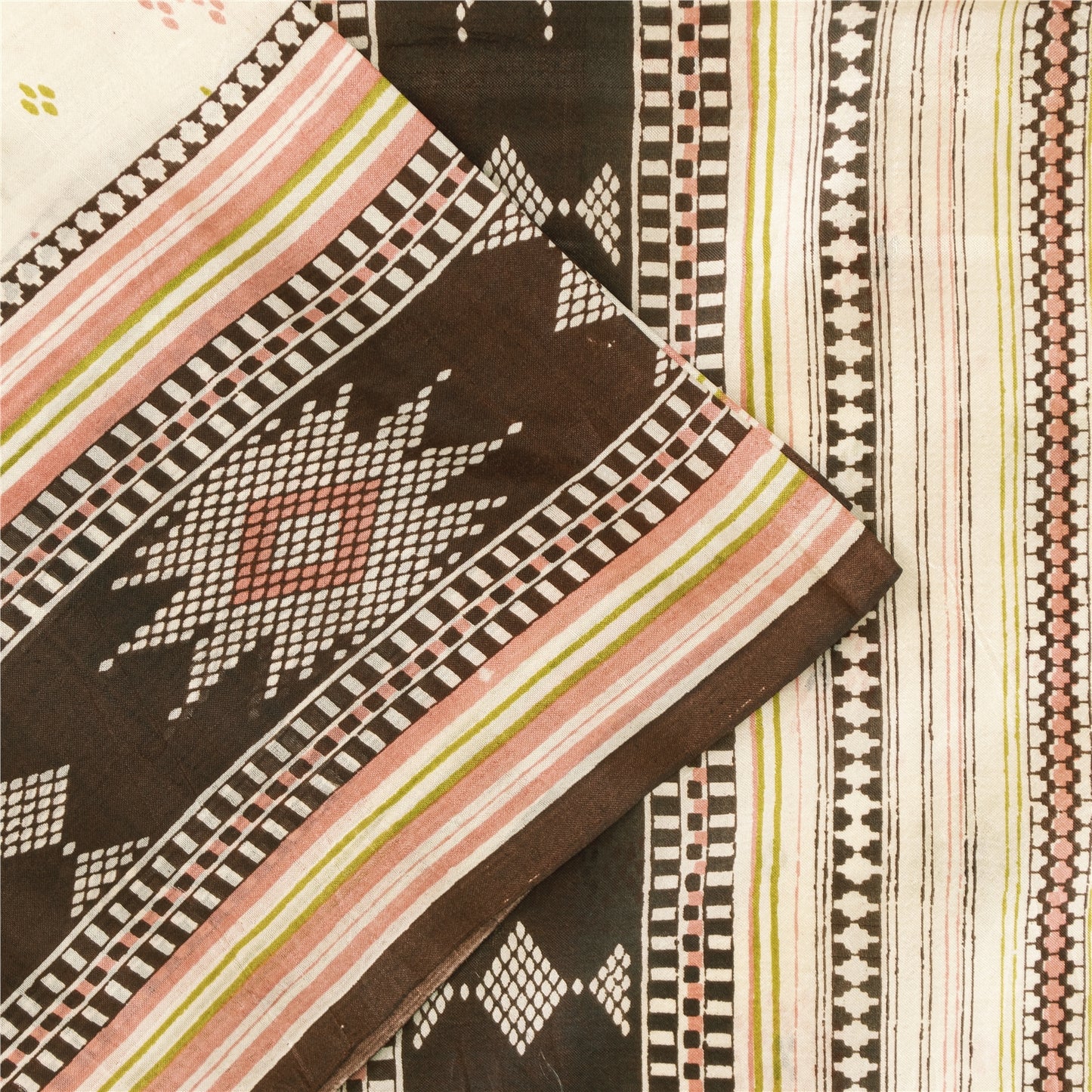 Sanskriti Vintage Sarees Ivory Indian Pure Silk Printed Sari 6yd Craft Fabric