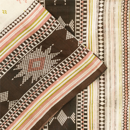 Sanskriti Vintage Sarees Ivory Indian Pure Silk Printed Sari 6yd Craft Fabric