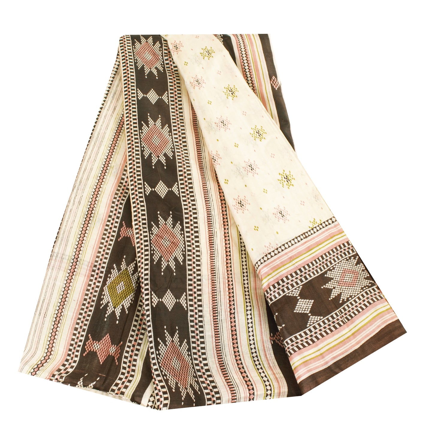 Sanskriti Vintage Sarees Ivory Indian Pure Silk Printed Sari 6yd Craft Fabric