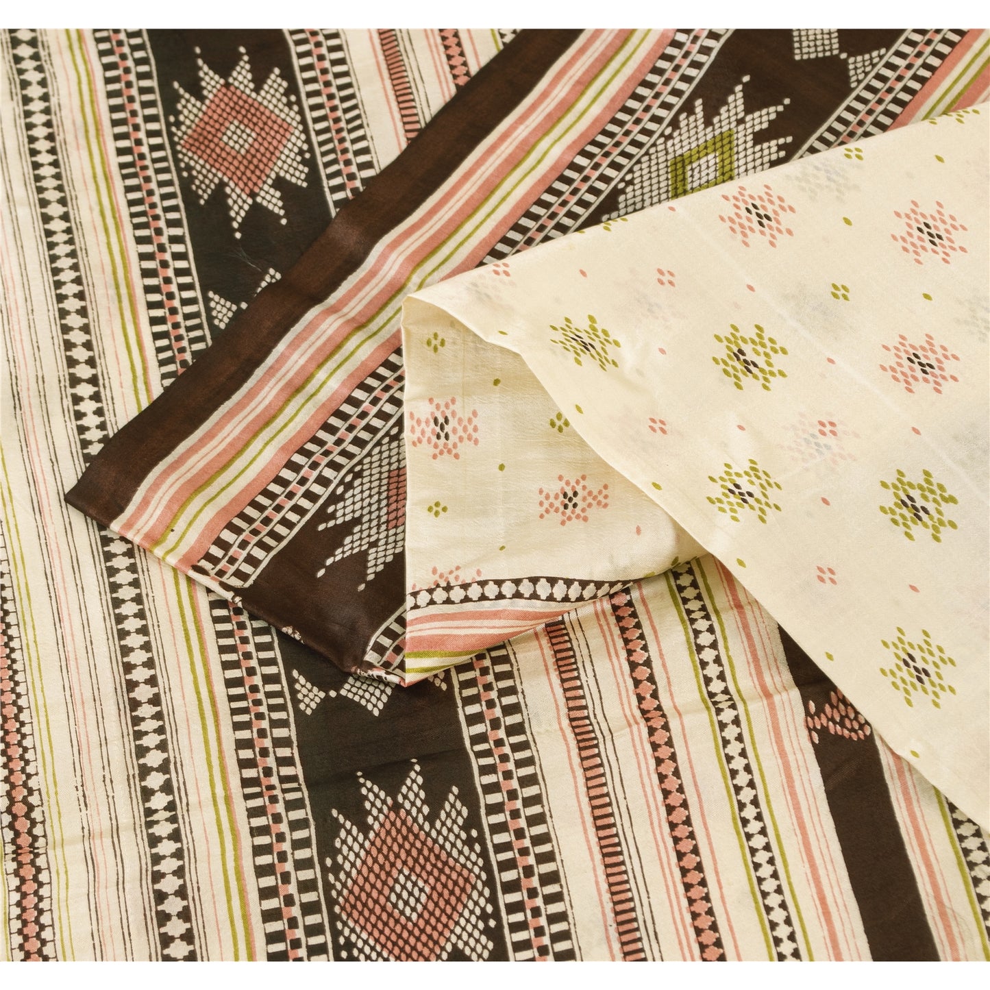 Sanskriti Vintage Sarees Ivory Indian Pure Silk Printed Sari 6yd Craft Fabric