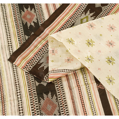 Sanskriti Vintage Sarees Ivory Indian Pure Silk Printed Sari 6yd Craft Fabric
