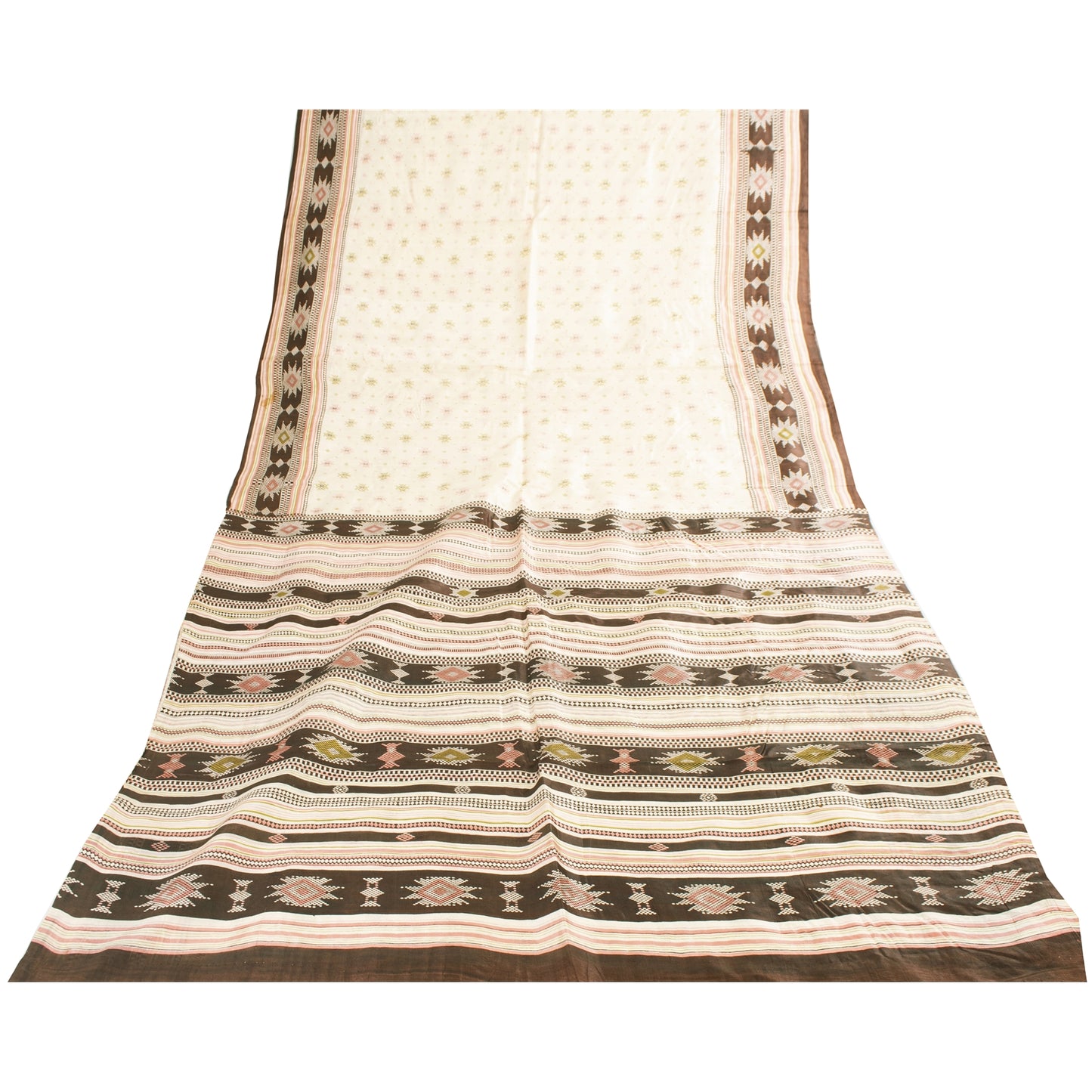 Sanskriti Vintage Sarees Ivory Indian Pure Silk Printed Sari 6yd Craft Fabric