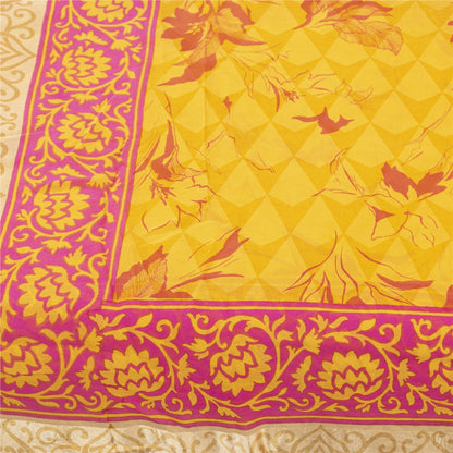 Sanskriti Vintage Sarees Yellow Pure Silk Floral Printed Sari 5+yd Craft Fabric