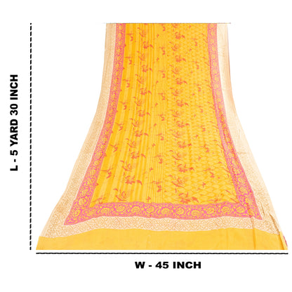 Sanskriti Vintage Sarees Yellow Pure Silk Floral Printed Sari 5+yd Craft Fabric
