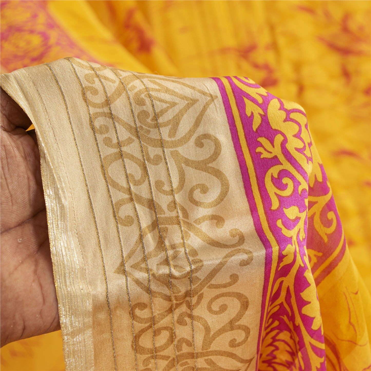 Sanskriti Vintage Sarees Yellow Pure Silk Floral Printed Sari 5+yd Craft Fabric