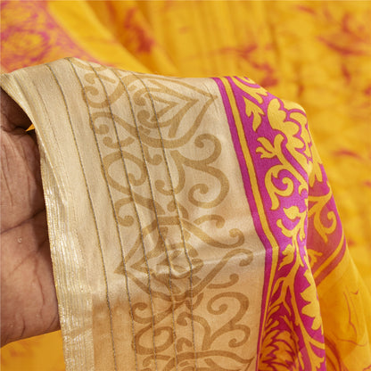 Sanskriti Vintage Sarees Yellow Pure Silk Floral Printed Sari 5+yd Craft Fabric