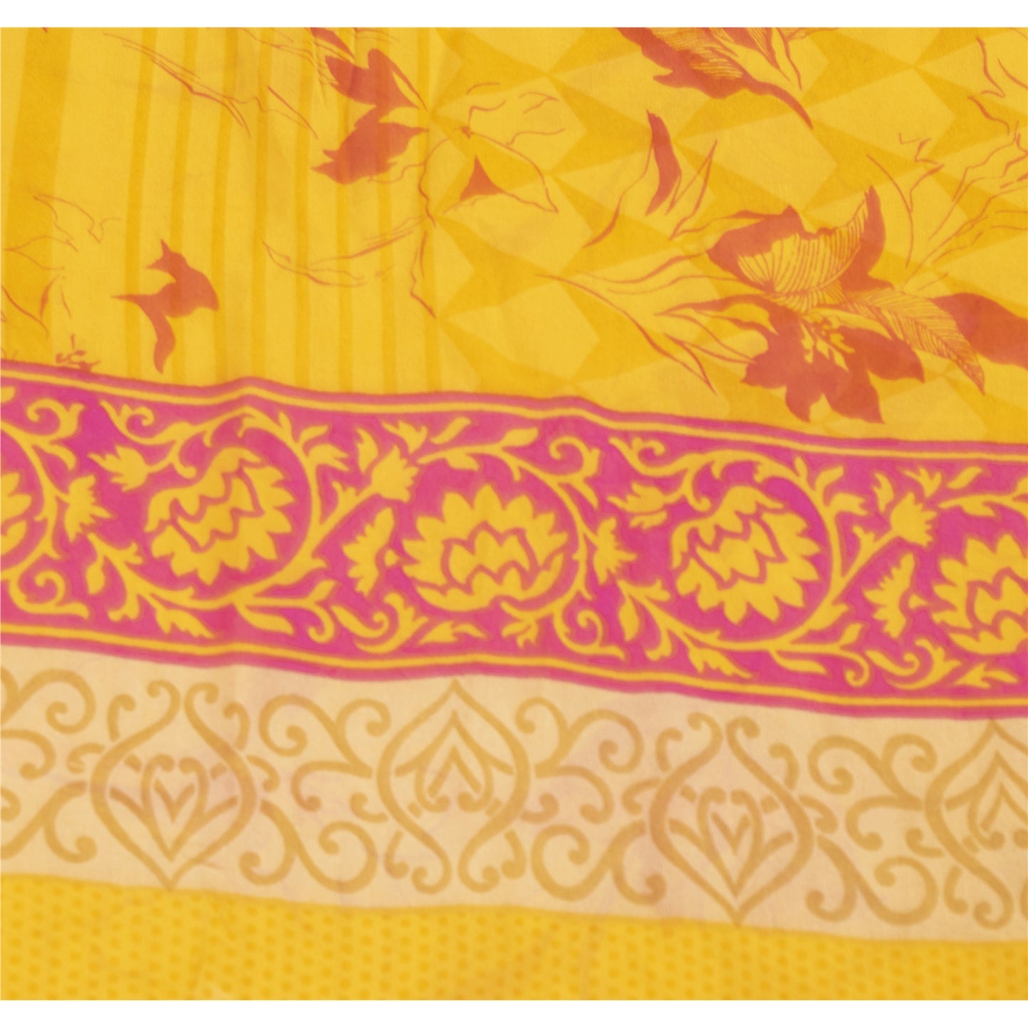 Sanskriti Vintage Sarees Yellow Pure Silk Floral Printed Sari 5+yd Craft Fabric