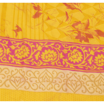 Sanskriti Vintage Sarees Yellow Pure Silk Floral Printed Sari 5+yd Craft Fabric