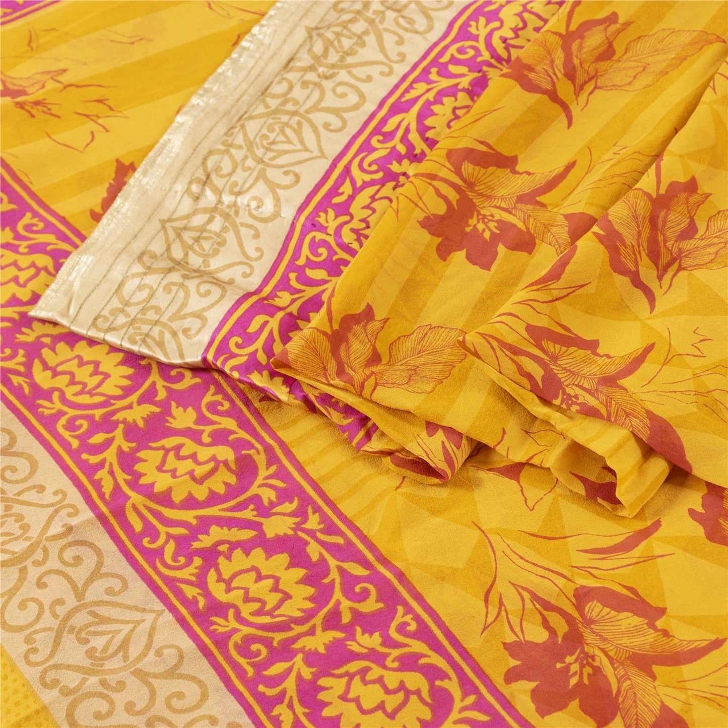 Sanskriti Vintage Sarees Yellow Pure Silk Floral Printed Sari 5+yd Craft Fabric