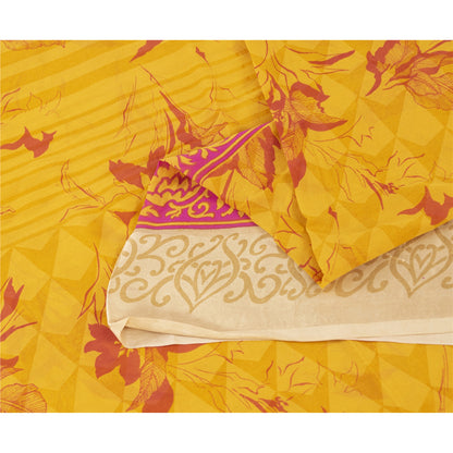 Sanskriti Vintage Sarees Yellow Pure Silk Floral Printed Sari 5+yd Craft Fabric