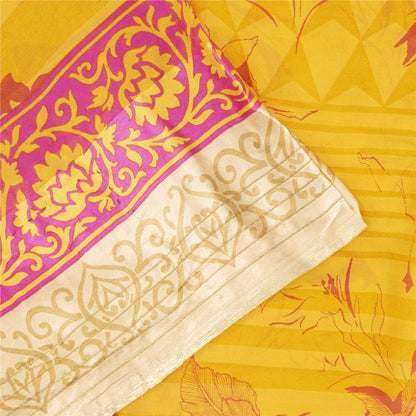 Sanskriti Vintage Sarees Yellow Pure Silk Floral Printed Sari 5+yd Craft Fabric