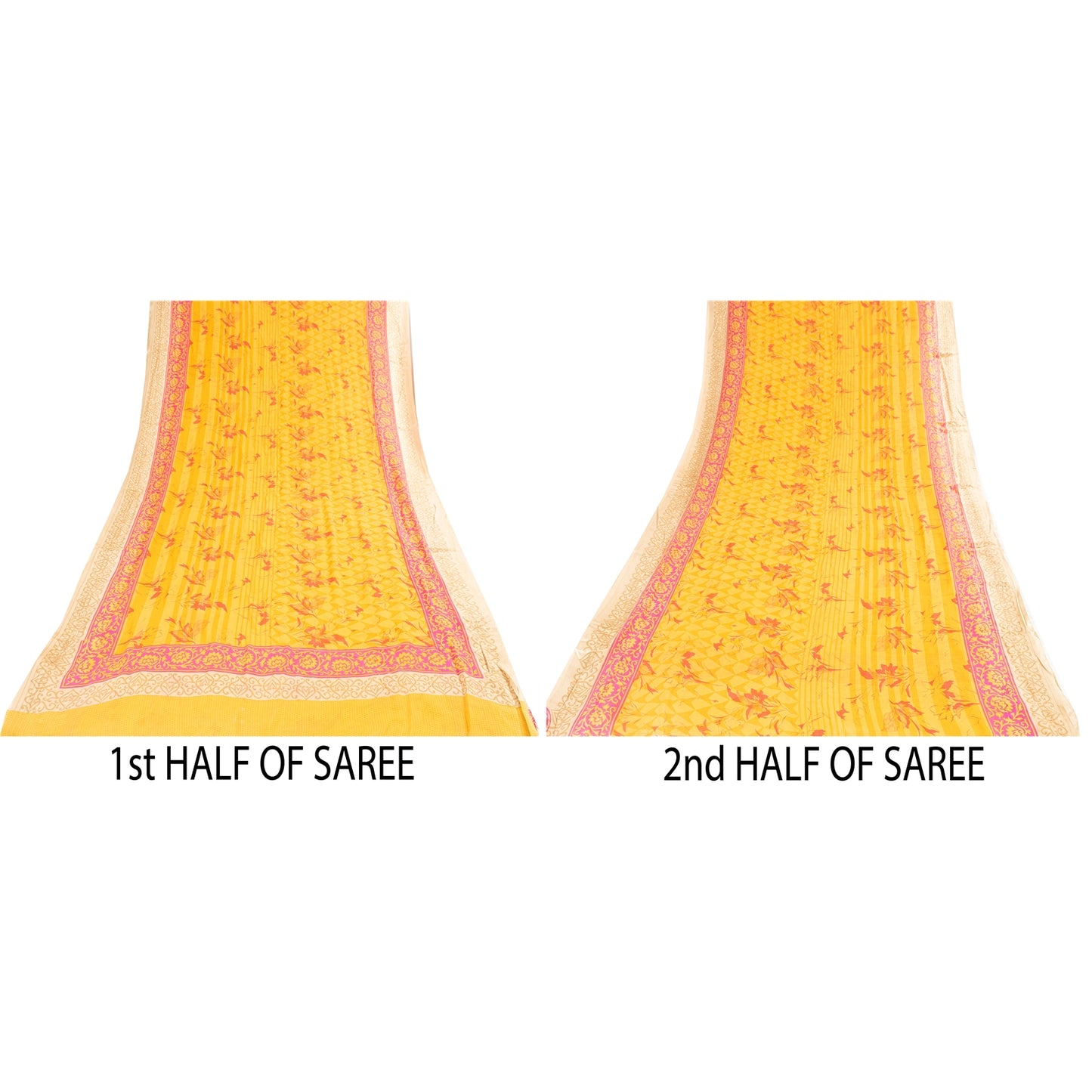 Sanskriti Vintage Sarees Yellow Pure Silk Floral Printed Sari 5+yd Craft Fabric