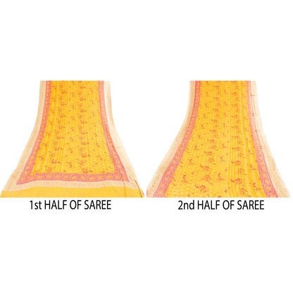 Sanskriti Vintage Sarees Yellow Pure Silk Floral Printed Sari 5+yd Craft Fabric