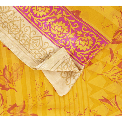 Sanskriti Vintage Sarees Yellow Pure Silk Floral Printed Sari 5+yd Craft Fabric