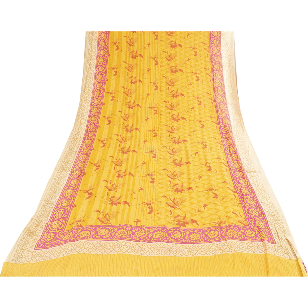 Sanskriti Vintage Sarees Yellow Pure Silk Floral Printed Sari 5+yd Craft Fabric