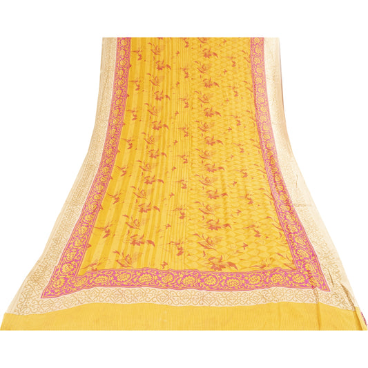 Sanskriti Vintage Sarees Yellow Pure Silk Floral Printed Sari 5+yd Craft Fabric