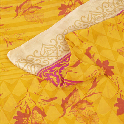 Sanskriti Vintage Sarees Yellow Pure Silk Floral Printed Sari 5+yd Craft Fabric