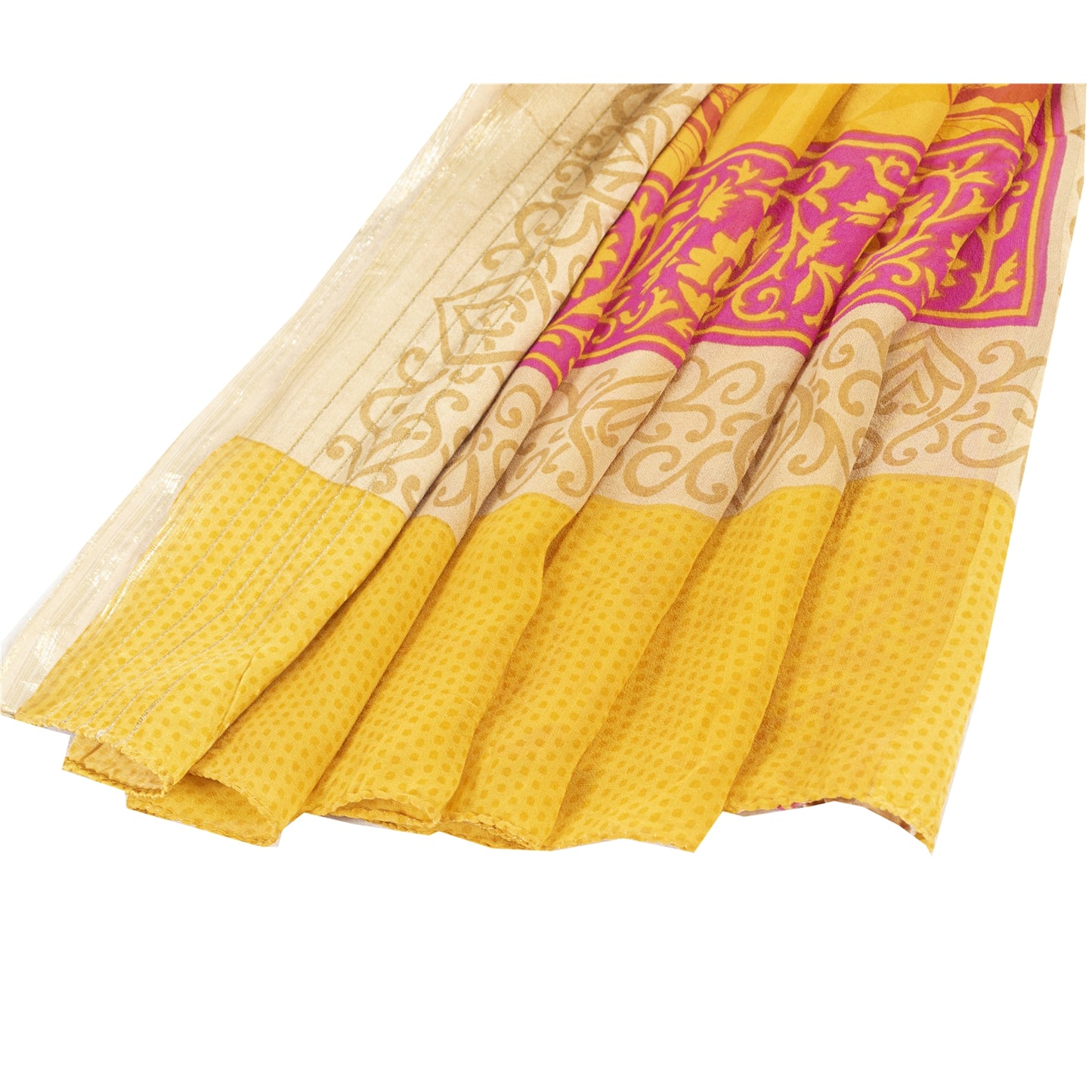 Sanskriti Vintage Sarees Yellow Pure Silk Floral Printed Sari 5+yd Craft Fabric