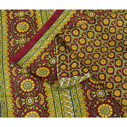 Sanskriti Vintage Sarees Green Indian Pure Silk Printed Sari 5+yd Craft Fabric