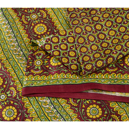 Sanskriti Vintage Sarees Green Indian Pure Silk Printed Sari 5+yd Craft Fabric