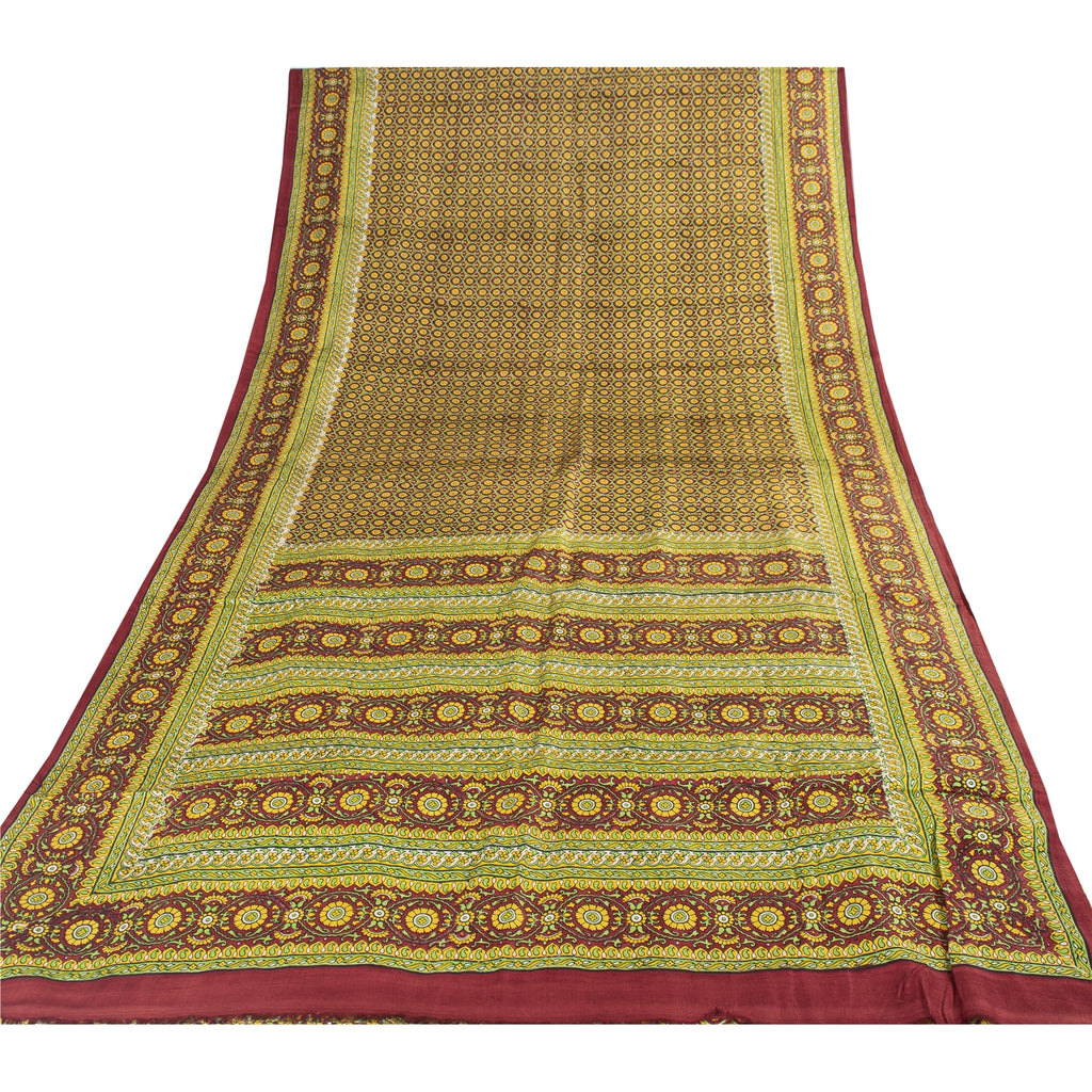 Sanskriti Vintage Sarees Green Indian Pure Silk Printed Sari 5+yd Craft Fabric