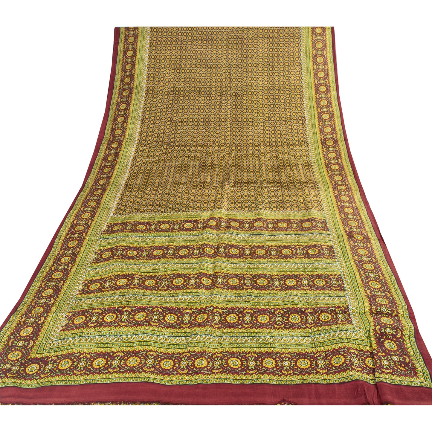 Sanskriti Vintage Sarees Green Indian Pure Silk Printed Sari 5+yd Craft Fabric