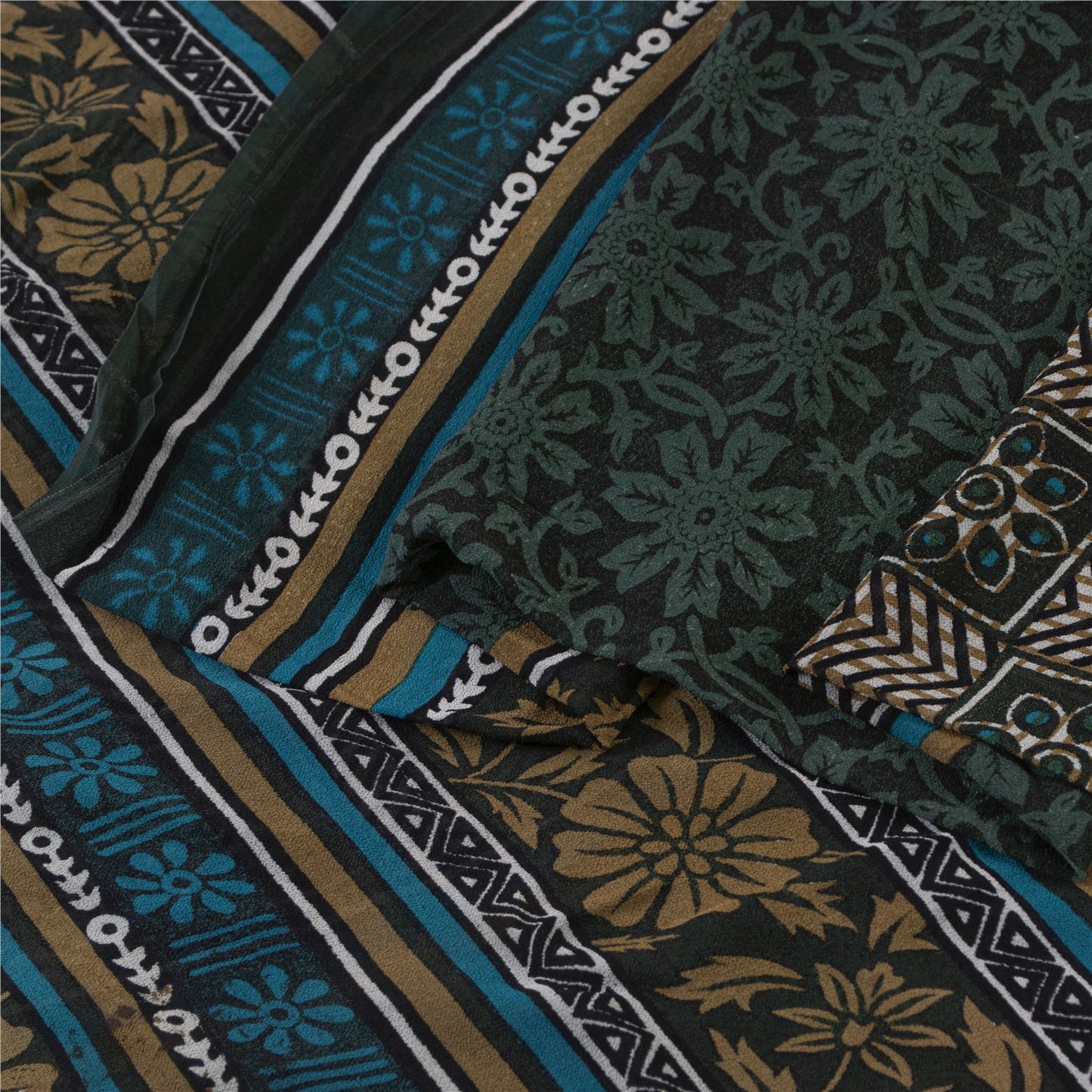 Sanskriti Vintage Sarees Green Pure Silk Floral Printed Sari 5+yd Craft Fabric