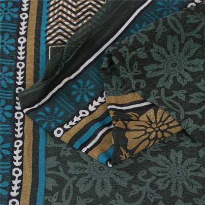 Sanskriti Vintage Sarees Green Pure Silk Floral Printed Sari 5+yd Craft Fabric