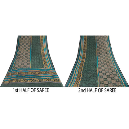 Sanskriti Vintage Sarees Green Pure Silk Floral Printed Sari 5+yd Craft Fabric