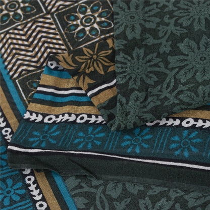 Sanskriti Vintage Sarees Green Pure Silk Floral Printed Sari 5+yd Craft Fabric