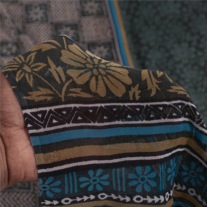 Sanskriti Vintage Sarees Green Pure Silk Floral Printed Sari 5+yd Craft Fabric