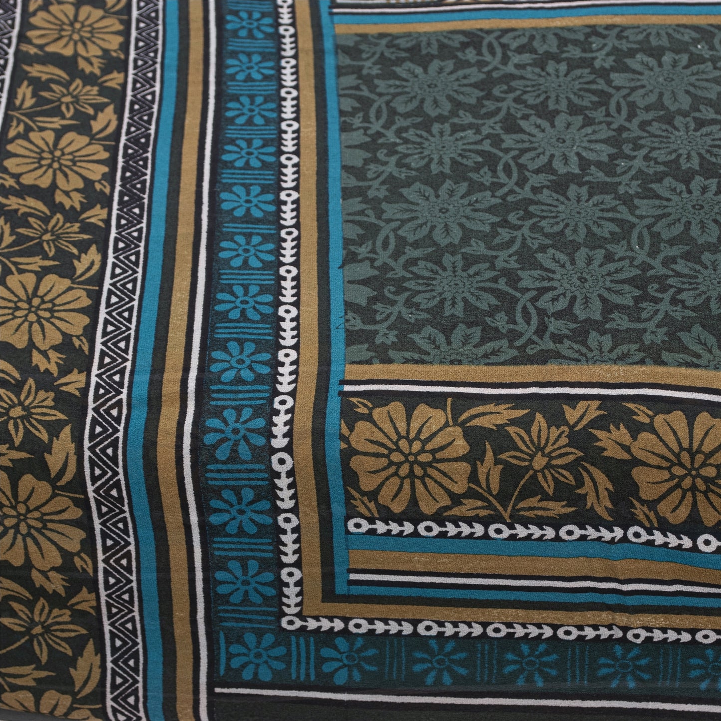 Sanskriti Vintage Sarees Green Pure Silk Floral Printed Sari 5+yd Craft Fabric