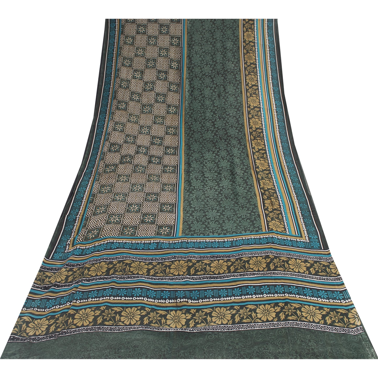 Sanskriti Vintage Sarees Green Pure Silk Floral Printed Sari 5+yd Craft Fabric