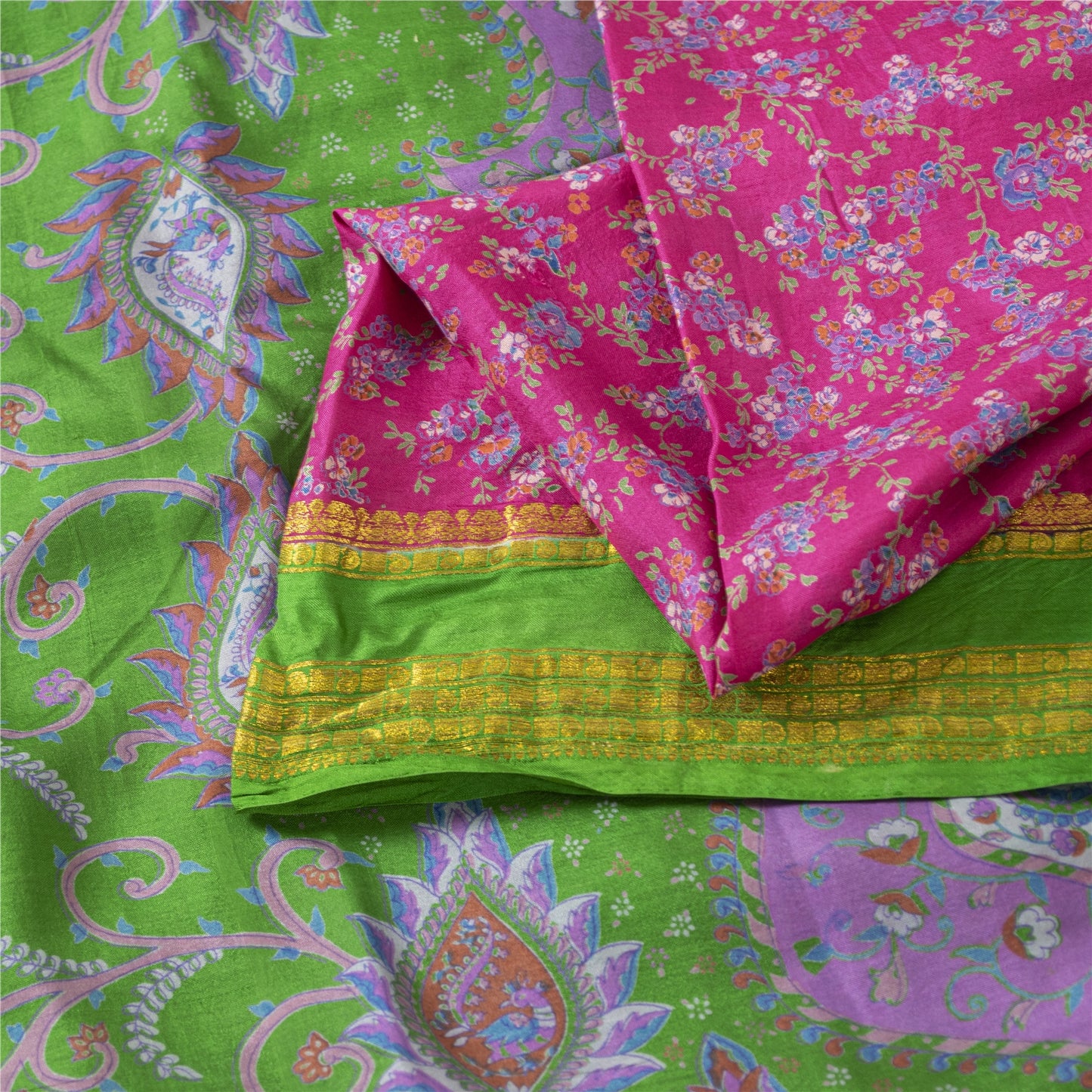 Sanskriti Vintage Sarees Pink Pure Silk Printed Sari 5+yd Floral Craft Fabric