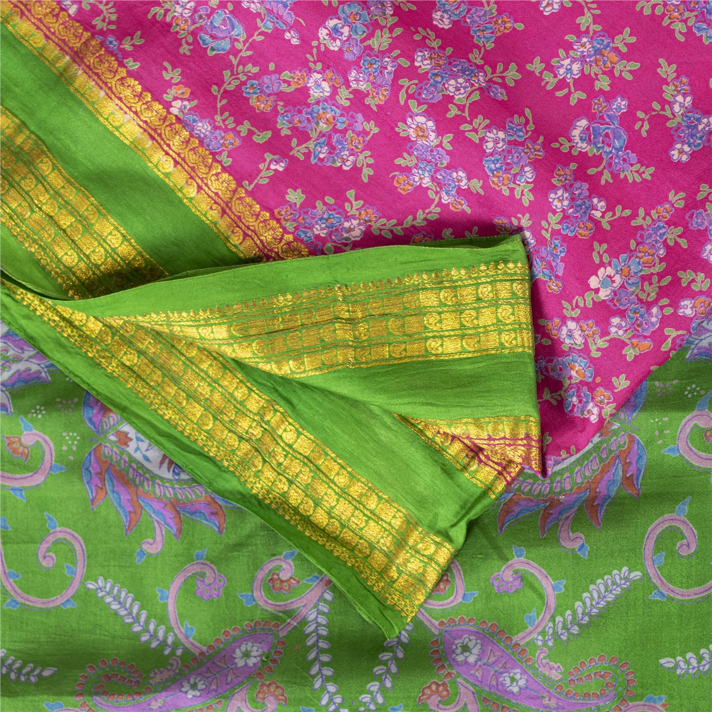Sanskriti Vintage Sarees Pink Pure Silk Printed Sari 5+yd Floral Craft Fabric