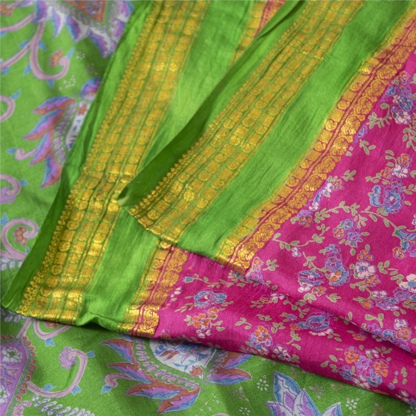 Sanskriti Vintage Sarees Pink Pure Silk Printed Sari 5+yd Floral Craft Fabric