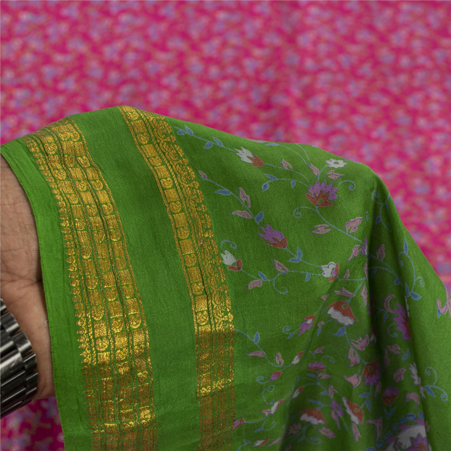 Sanskriti Vintage Sarees Pink Pure Silk Printed Sari 5+yd Floral Craft Fabric