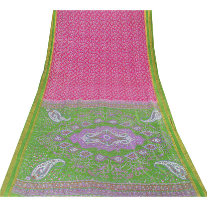 Sanskriti Vintage Sarees Pink Pure Silk Printed Sari 5+yd Floral Craft Fabric