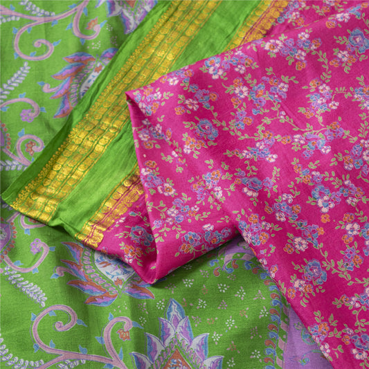 Sanskriti Vintage Sarees Pink Pure Silk Printed Sari 5+yd Floral Craft Fabric