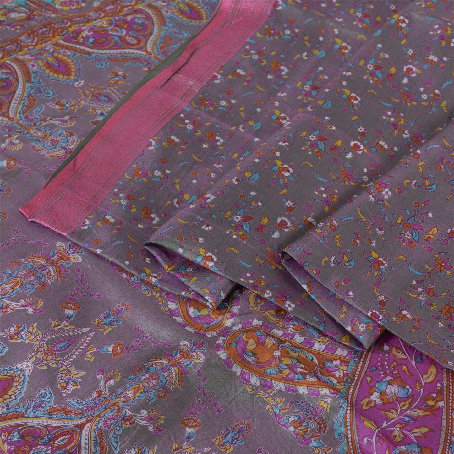 Sanskriti Vintage Sarees Gray Indian Pure Silk Printed Sari 5+yd Craft Fabric