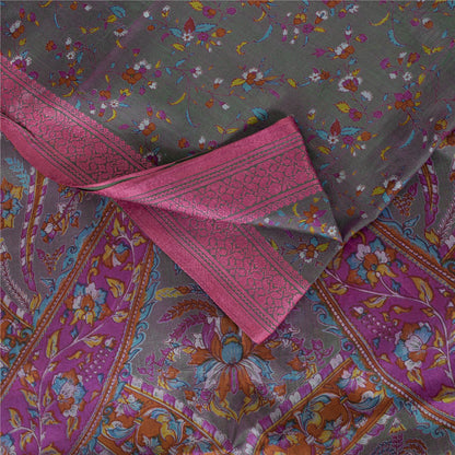 Sanskriti Vintage Sarees Gray Indian Pure Silk Printed Sari 5+yd Craft Fabric