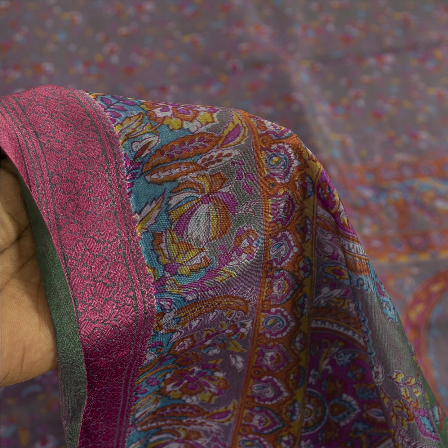 Sanskriti Vintage Sarees Gray Indian Pure Silk Printed Sari 5+yd Craft Fabric