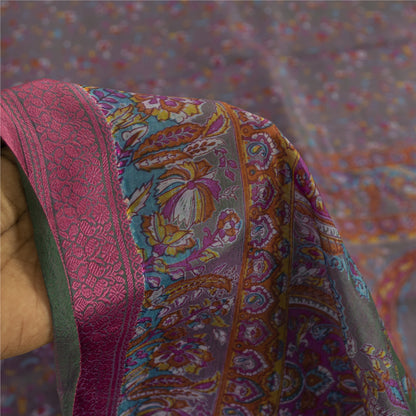 Sanskriti Vintage Sarees Gray Indian Pure Silk Printed Sari 5+yd Craft Fabric