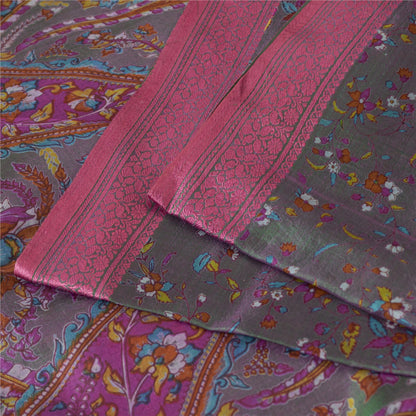 Sanskriti Vintage Sarees Gray Indian Pure Silk Printed Sari 5+yd Craft Fabric