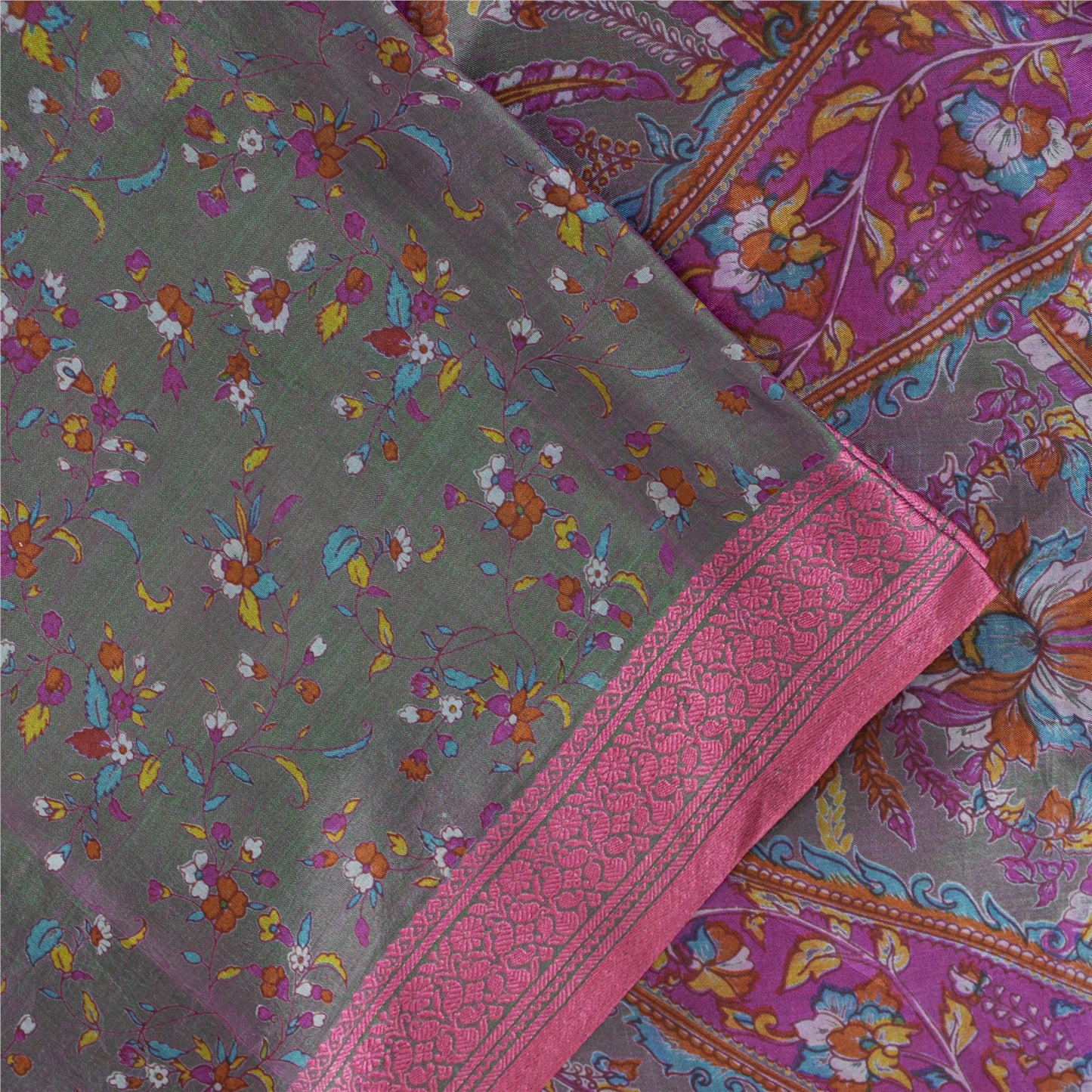 Sanskriti Vintage Sarees Gray Indian Pure Silk Printed Sari 5+yd Craft Fabric