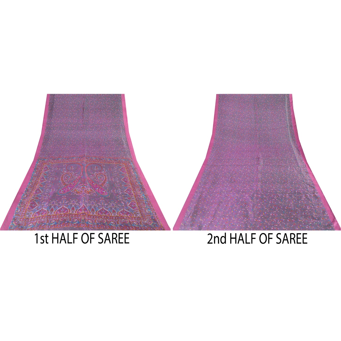 Sanskriti Vintage Sarees Gray Indian Pure Silk Printed Sari 5+yd Craft Fabric