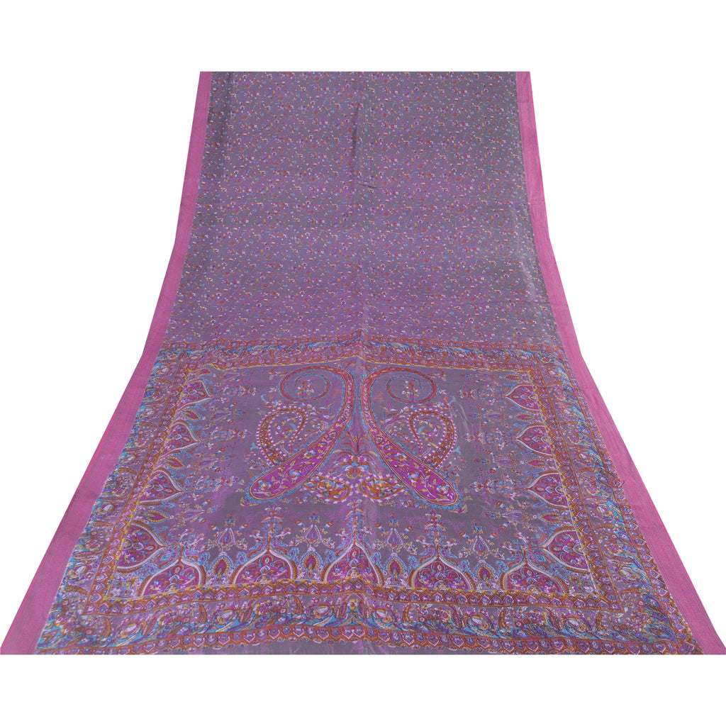 Sanskriti Vintage Sarees Gray Indian Pure Silk Printed Sari 5+yd Craft Fabric