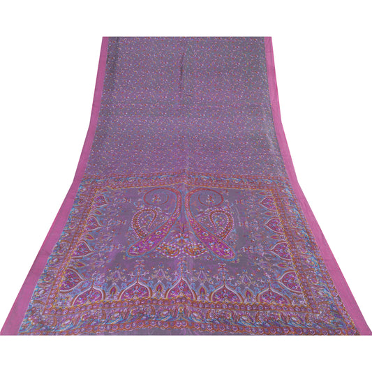 Sanskriti Vintage Sarees Gray Indian Pure Silk Printed Sari 5+yd Craft Fabric