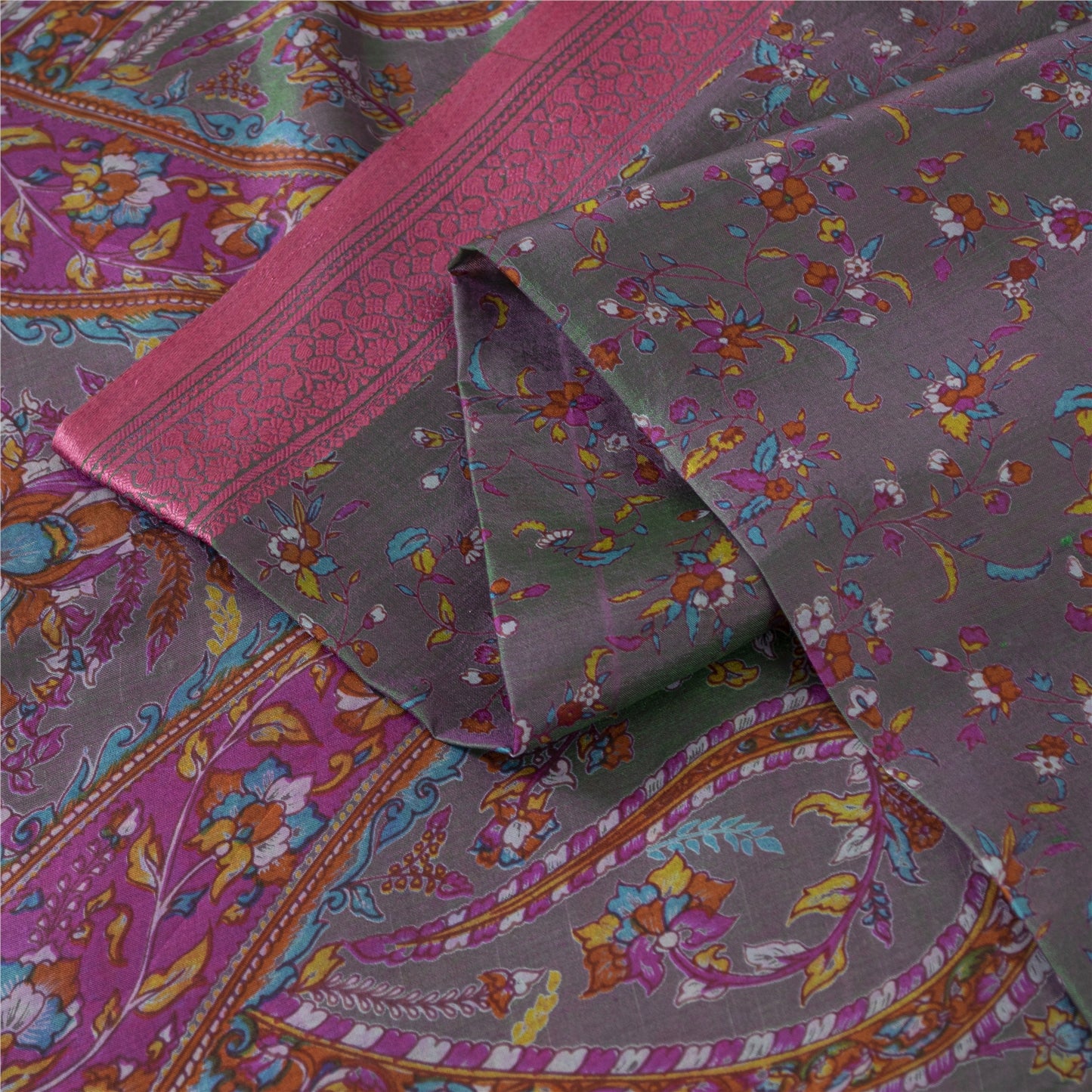 Sanskriti Vintage Sarees Gray Indian Pure Silk Printed Sari 5+yd Craft Fabric