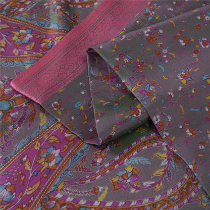 Sanskriti Vintage Sarees Gray Indian Pure Silk Printed Sari 5+yd Craft Fabric